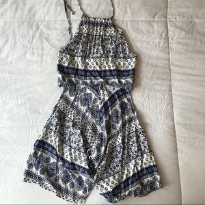 Blue and white patterned romper